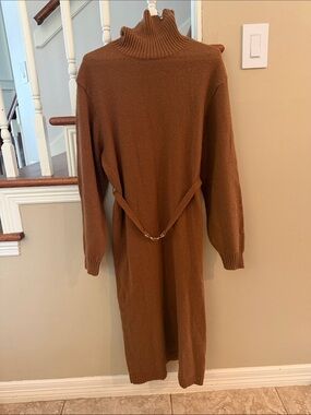 Saks Fifth Turtleneck Belted Knit Midi Dress in Brown